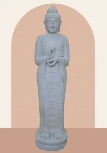 Artikelbild des Artikels “Stehender Buddha aus Flussstein in Dharmachakra-Position - Geste des Rades der Dharma-Lehre. Etwa 182cm Höhe. “